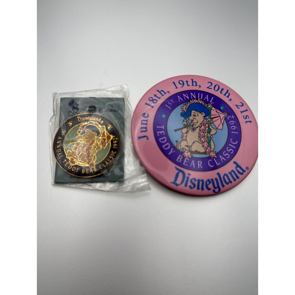 Vintage 1990s Disneyland 1st Annual Teddy Bear Classic Pin and Button Set
